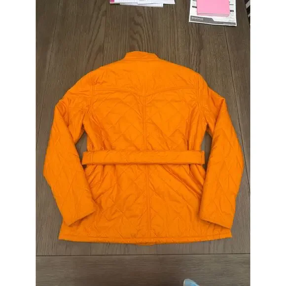 J McLaughlin Orange Quilted Jacket Belted Snap Front Medium Lightweight - Picture 3 of 14